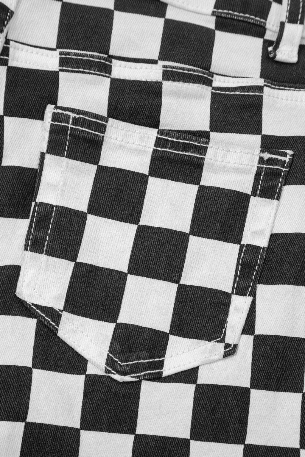 Black Checkerboard Print Distressed Holes Raw Edge Cropped Jeans - Crowned Energy CO.