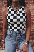 Black Checkerboard Printed Slim Tank Top - Crowned Energy CO.