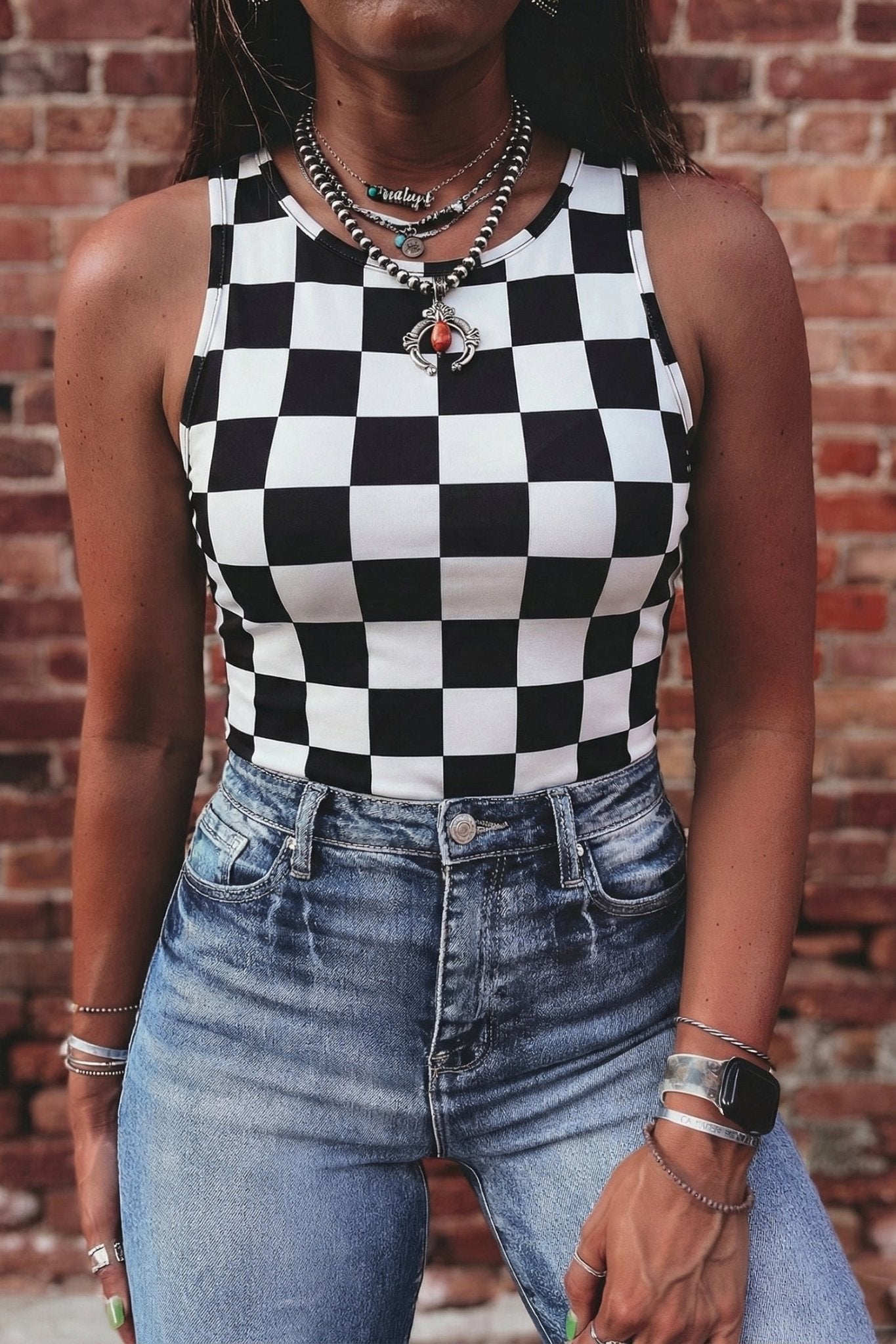 Black Checkerboard Printed Slim Tank Top - Crowned Energy CO.