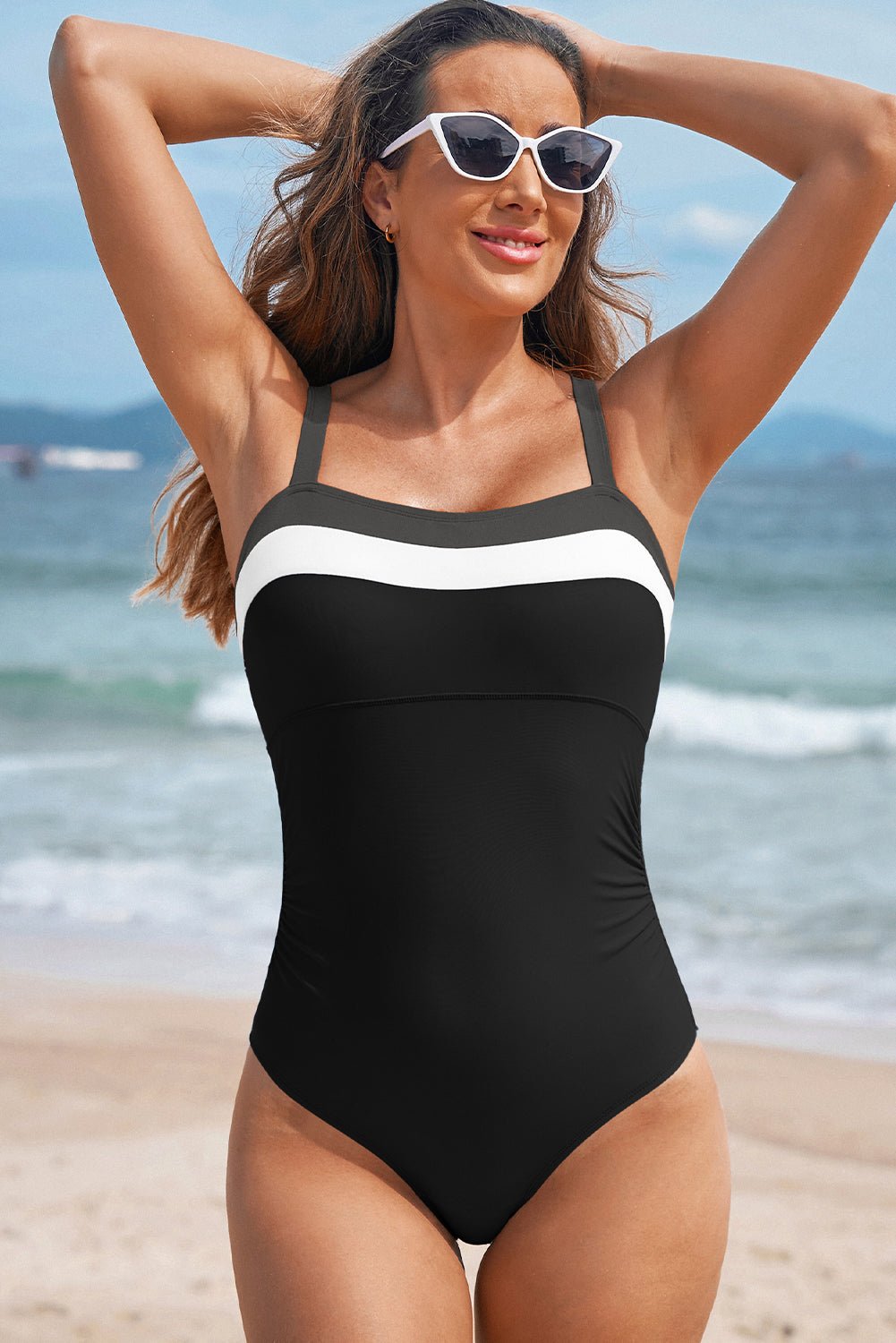 Black Color Block Detail Adjustable Straps One Piece Swimsuit - Crowned Energy CO.