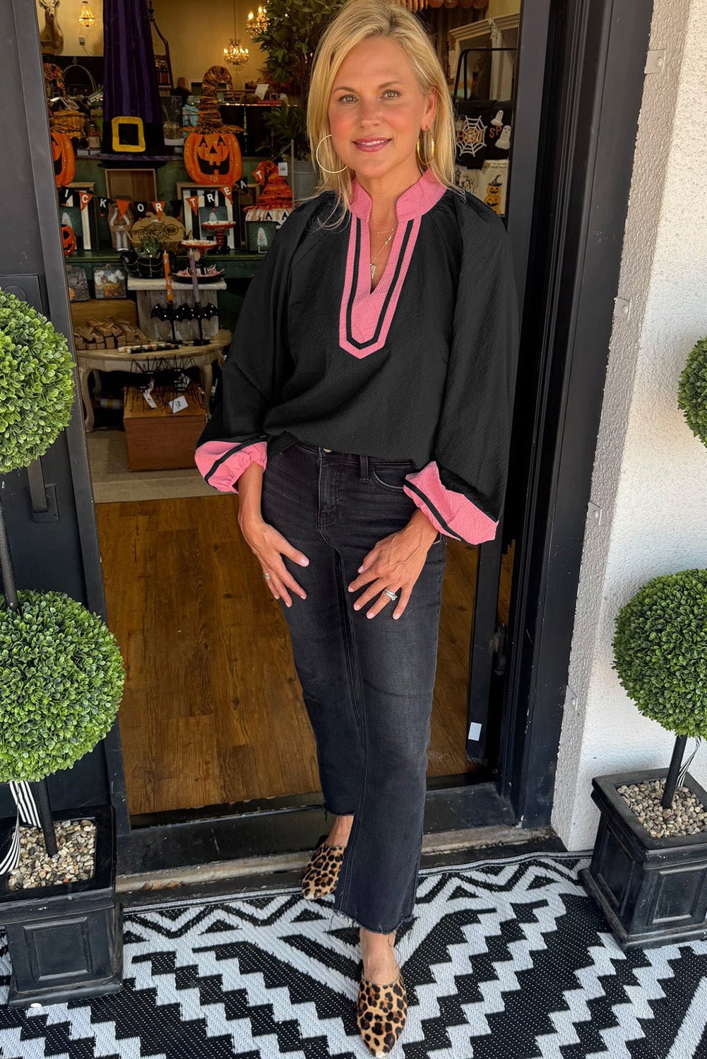 Black Color Block Patchwork Detail V Neck Textured Long Sleeve Blouse - Crowned Energy CO.