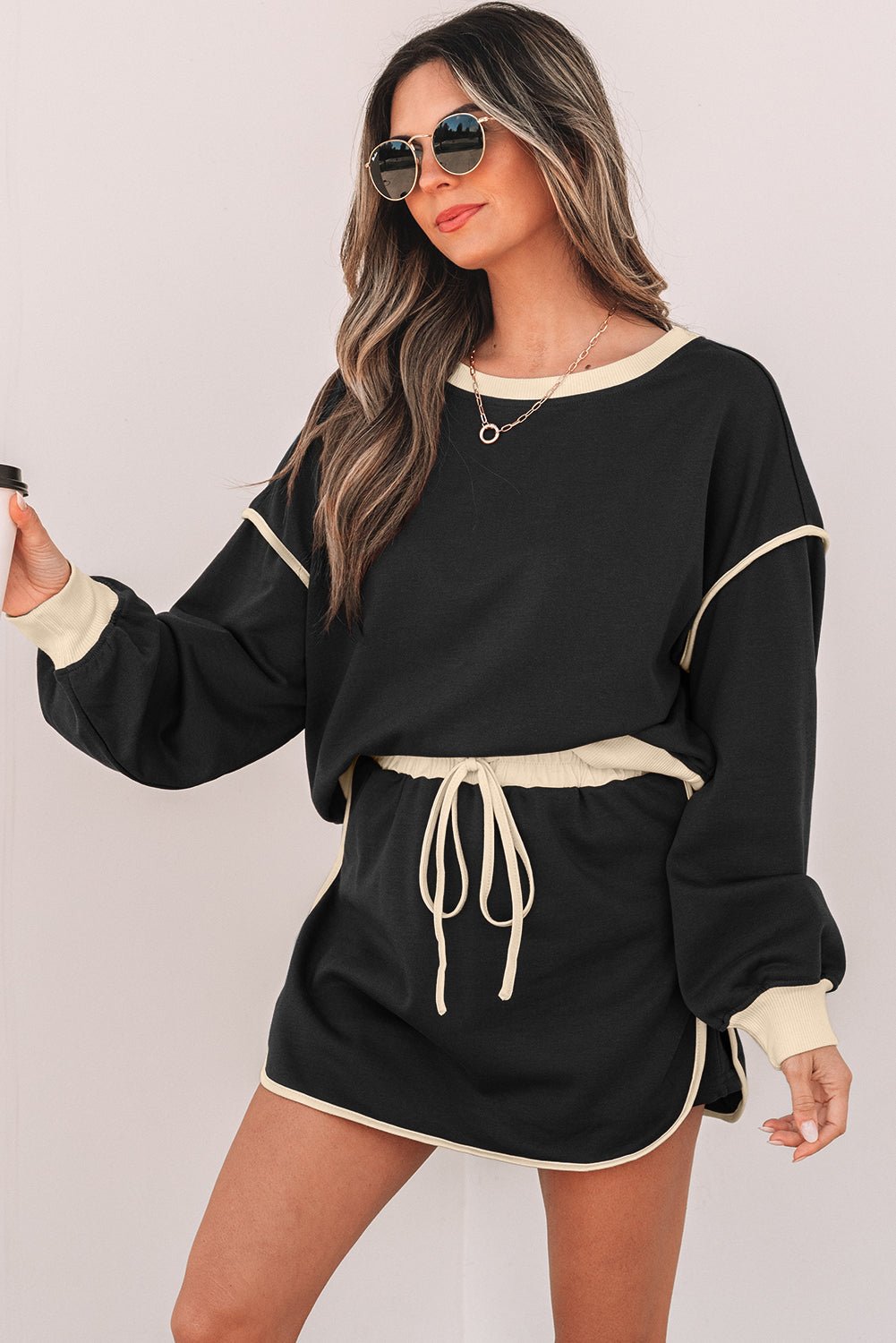 Crowned Energy CO. Black / S / 65%Polyester+35%Cotton Dear-Lover Dropshipping Two Piece Sets/Two Piece Dresses Black Color Contrast Loose Pullover and Lace-up Waist Skort Set
