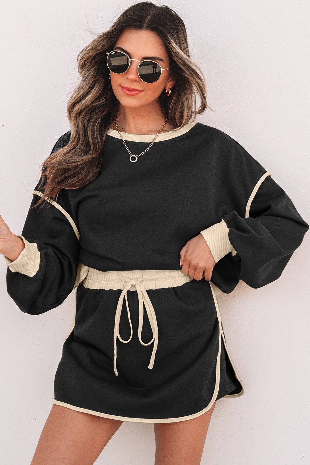 Crowned Energy CO. Black / S / 65%Polyester+35%Cotton Dear-Lover Dropshipping Two Piece Sets/Two Piece Dresses Black Color Contrast Loose Pullover and Lace-up Waist Skort Set
