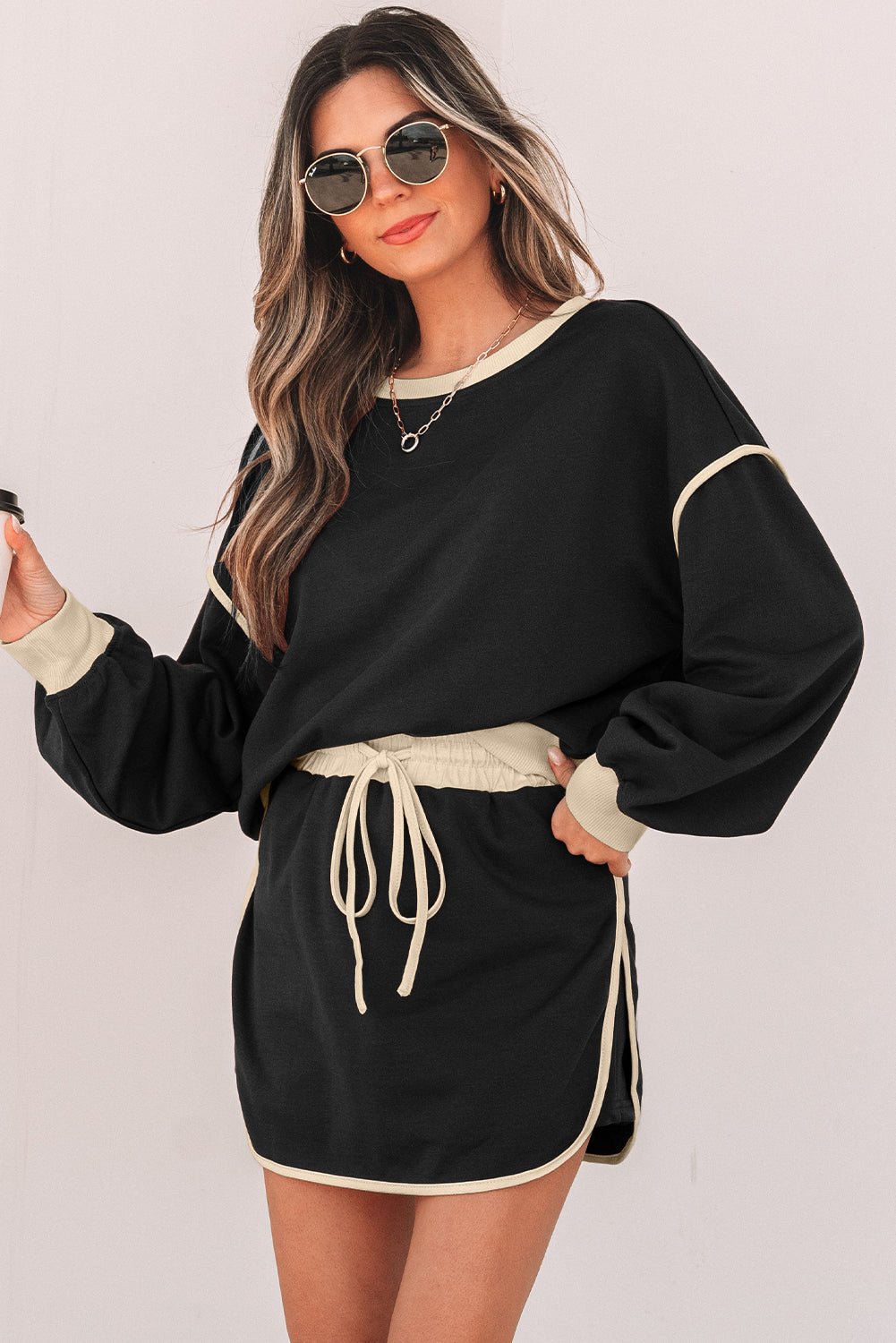Crowned Energy CO. Black / S / 65%Polyester+35%Cotton Dear-Lover Dropshipping Two Piece Sets/Two Piece Dresses Black Color Contrast Loose Pullover and Lace-up Waist Skort Set