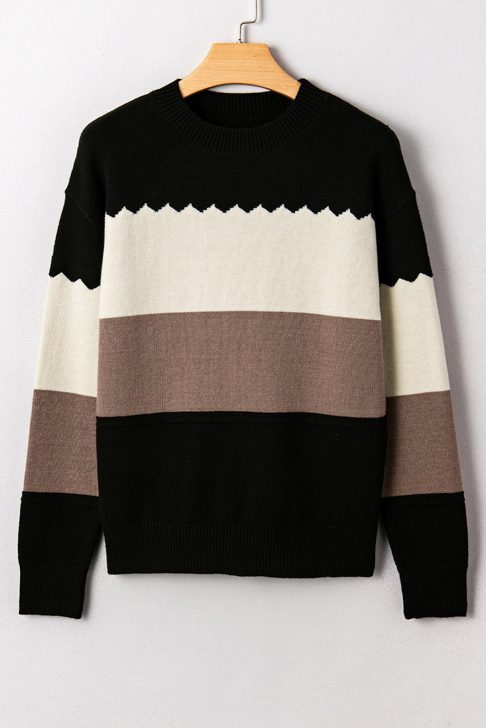Black Colorblock Crew Neck Drop Shoulder Sweater - Crowned Energy CO.