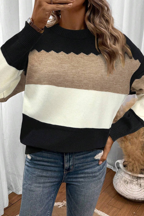 Black Colorblock Crew Neck Drop Shoulder Sweater - Crowned Energy CO.