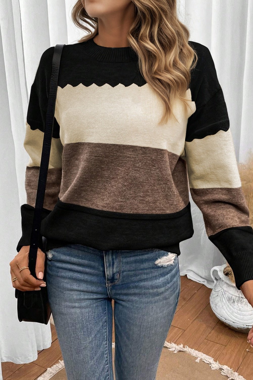Black Colorblock Crew Neck Drop Shoulder Sweater - Crowned Energy CO.