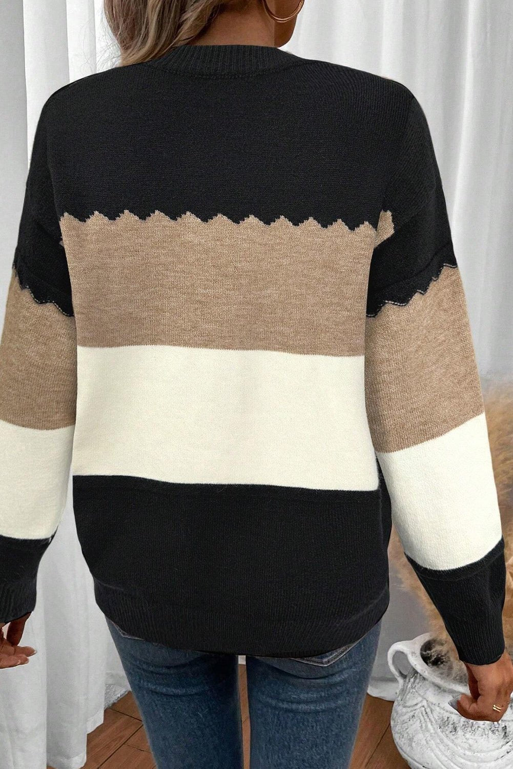 Black Colorblock Crew Neck Drop Shoulder Sweater - Crowned Energy CO.