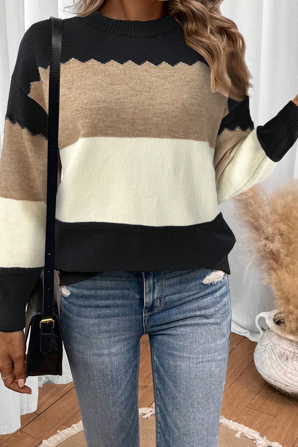 Black Colorblock Crew Neck Drop Shoulder Sweater - Crowned Energy CO.