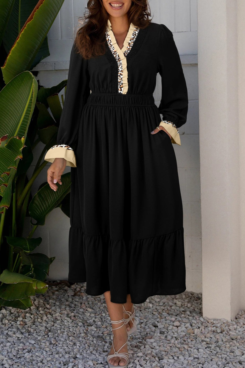 Black Contrast Leopard Frilled Trim V Neck Bracelet Sleeve Midi Dress - Crowned Energy CO.