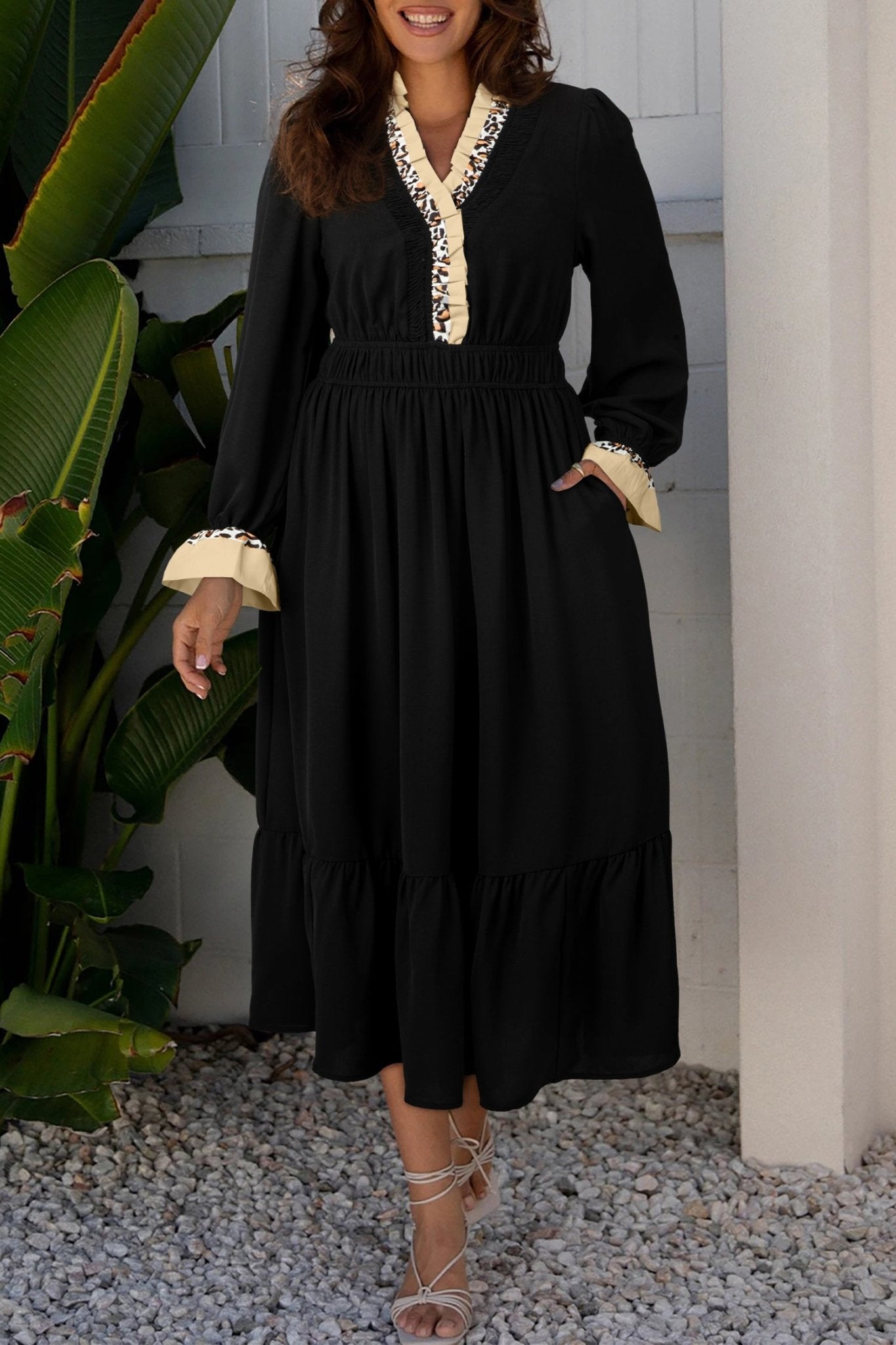 Black Contrast Leopard Frilled Trim V Neck Bracelet Sleeve Midi Dress - Crowned Energy CO.
