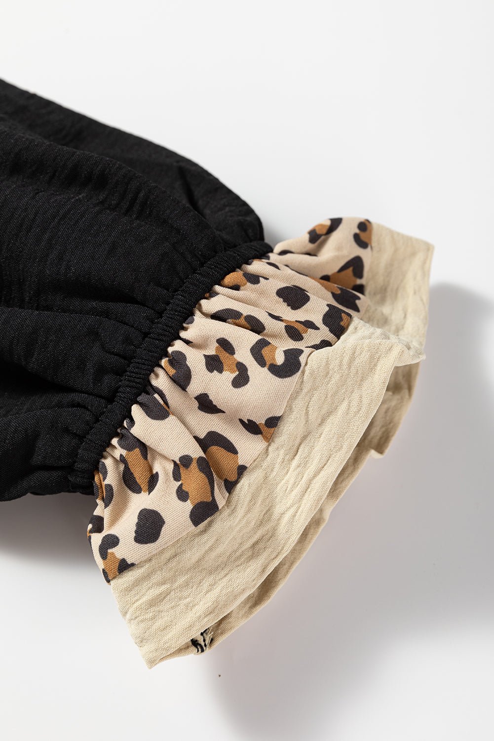 Black Contrast Leopard Print Patchwork Polo Collar Buttons Front Ruffled Long Sleeve Blouse - Crowned Energy CO.
