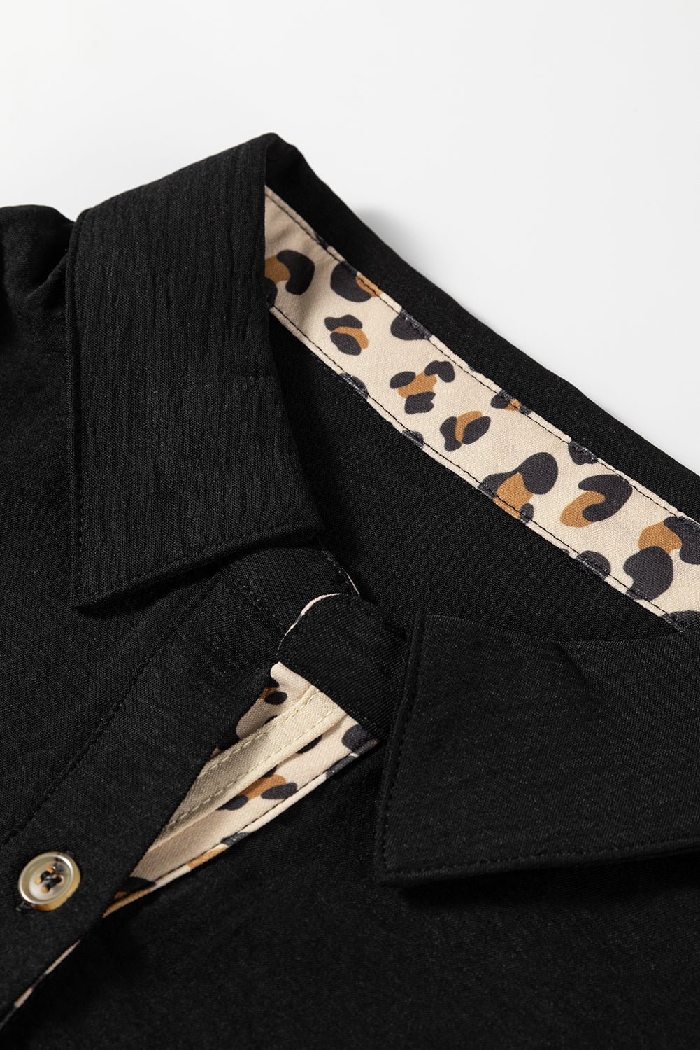 Black Contrast Leopard Print Patchwork Polo Collar Buttons Front Ruffled Long Sleeve Blouse - Crowned Energy CO.