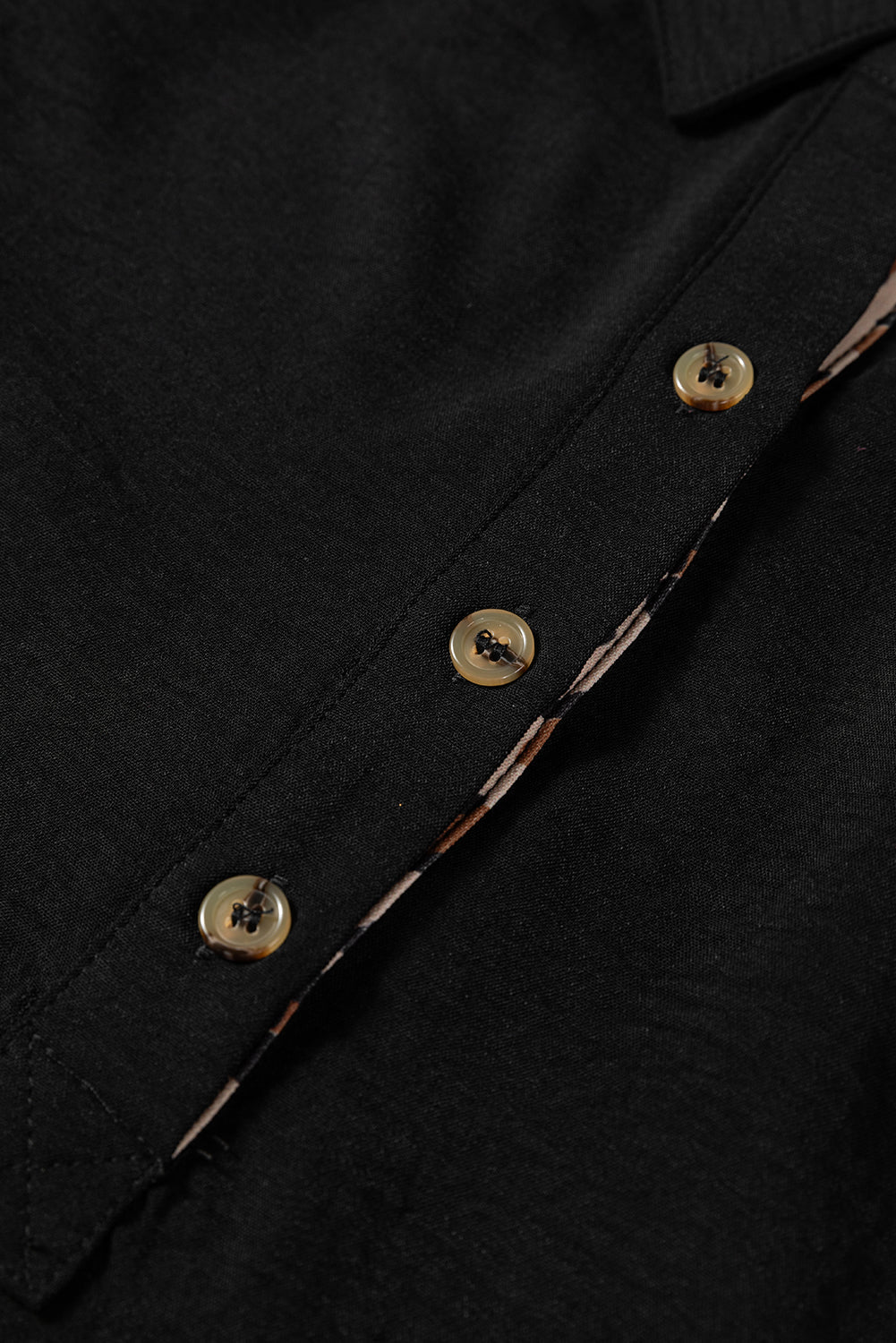 Black Contrast Leopard Print Patchwork Polo Collar Buttons Front Ruffled Long Sleeve Blouse - Crowned Energy CO.