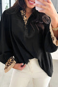 Black Contrast Leopard Print Patchwork Polo Collar Buttons Front Ruffled Long Sleeve Blouse - Crowned Energy CO.