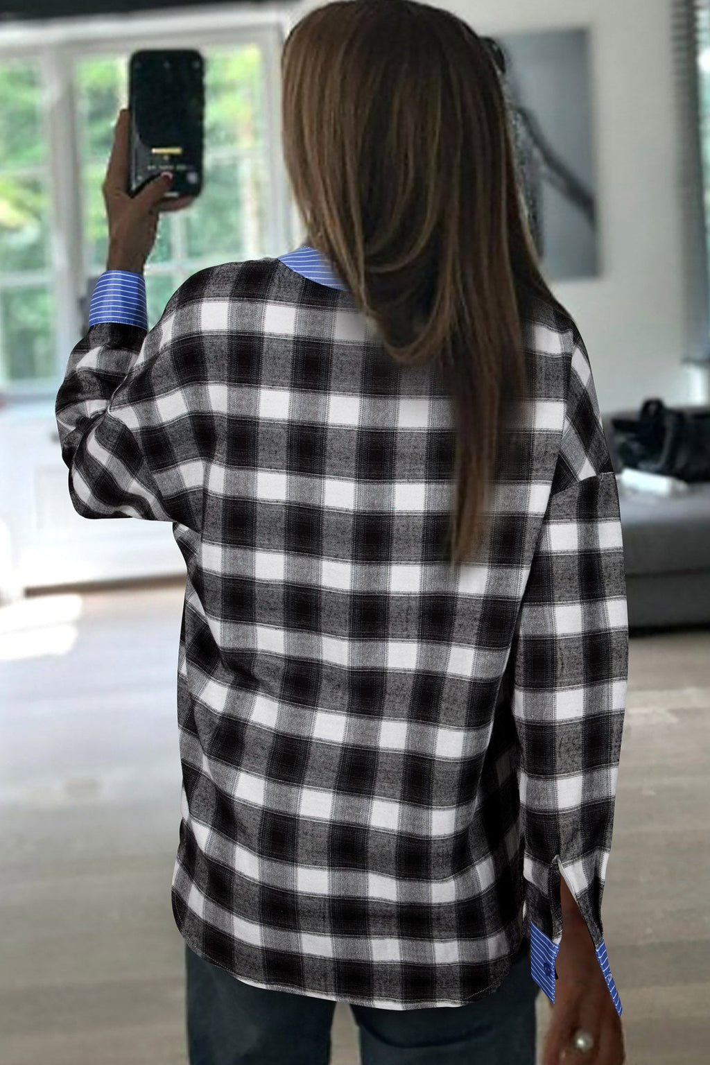 Black Contrast Striped Edge Half Placket Plaid Blouse - Crowned Energy CO.