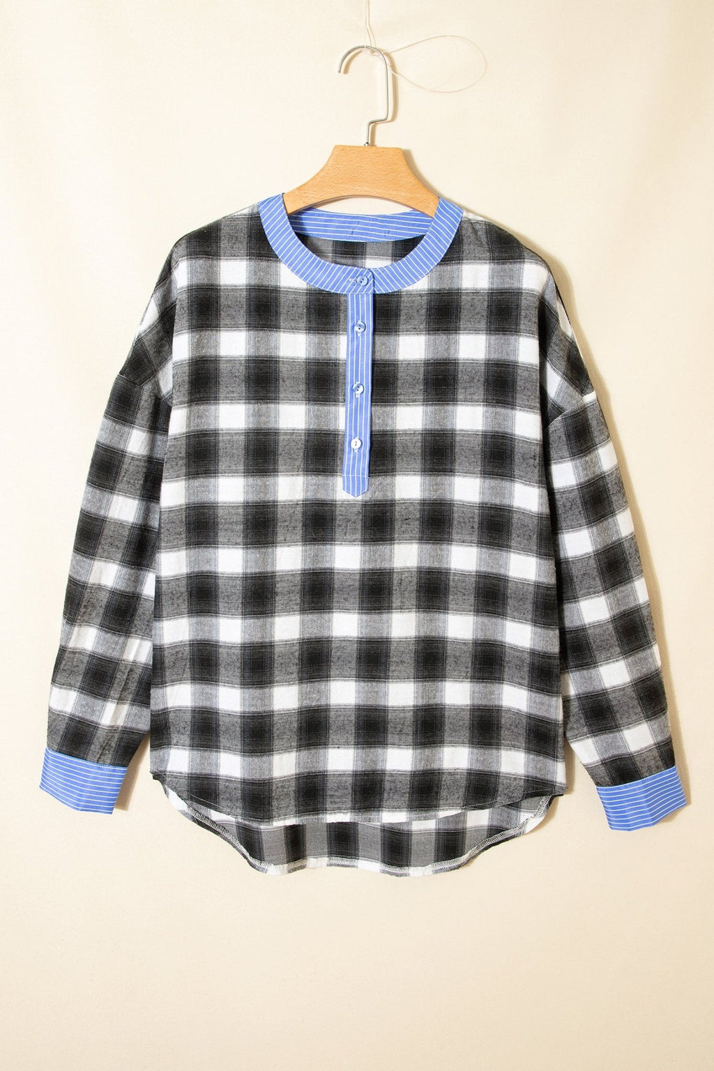 Black Contrast Striped Edge Half Placket Plaid Blouse - Crowned Energy CO.