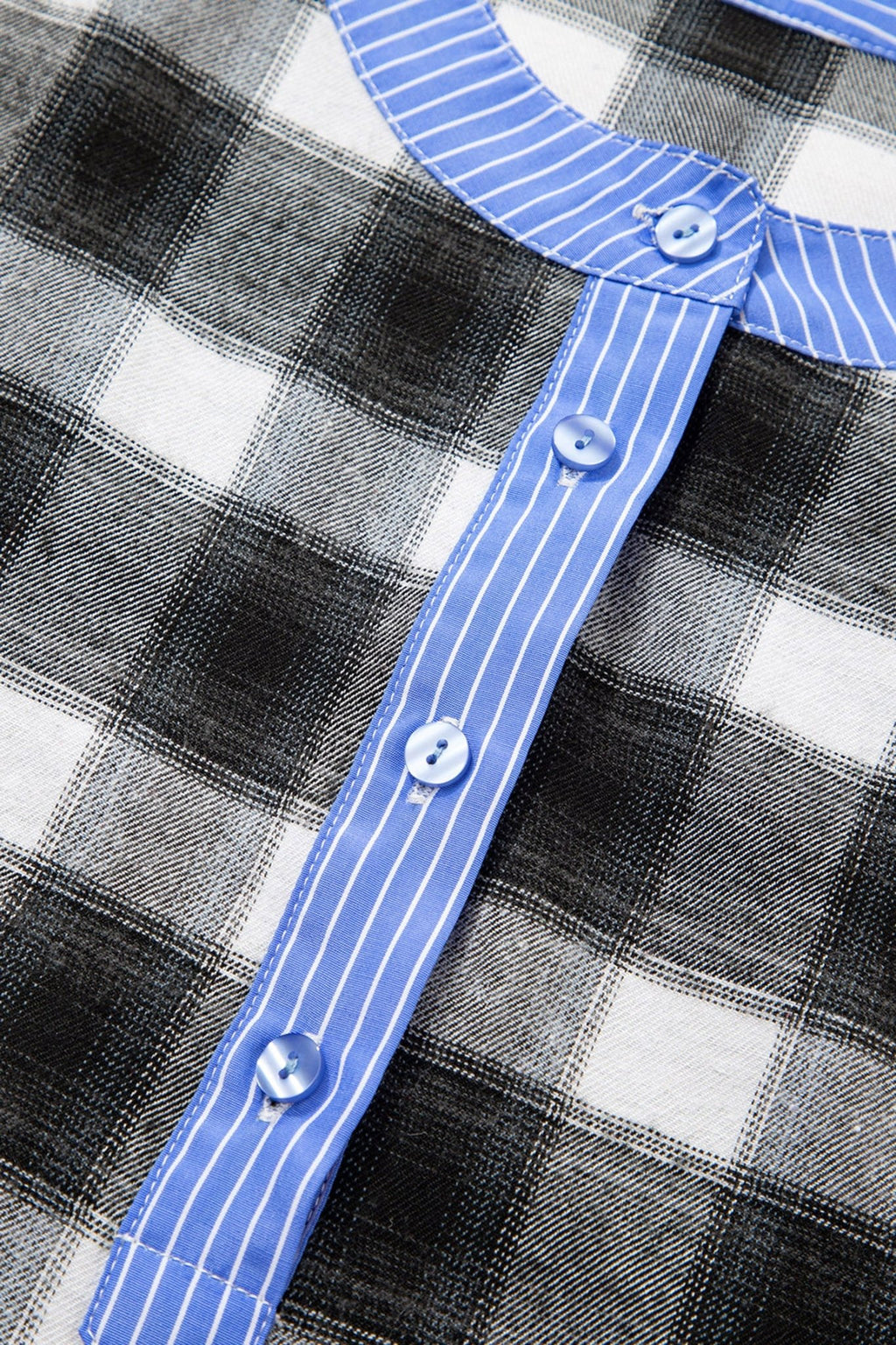 Black Contrast Striped Edge Half Placket Plaid Blouse - Crowned Energy CO.