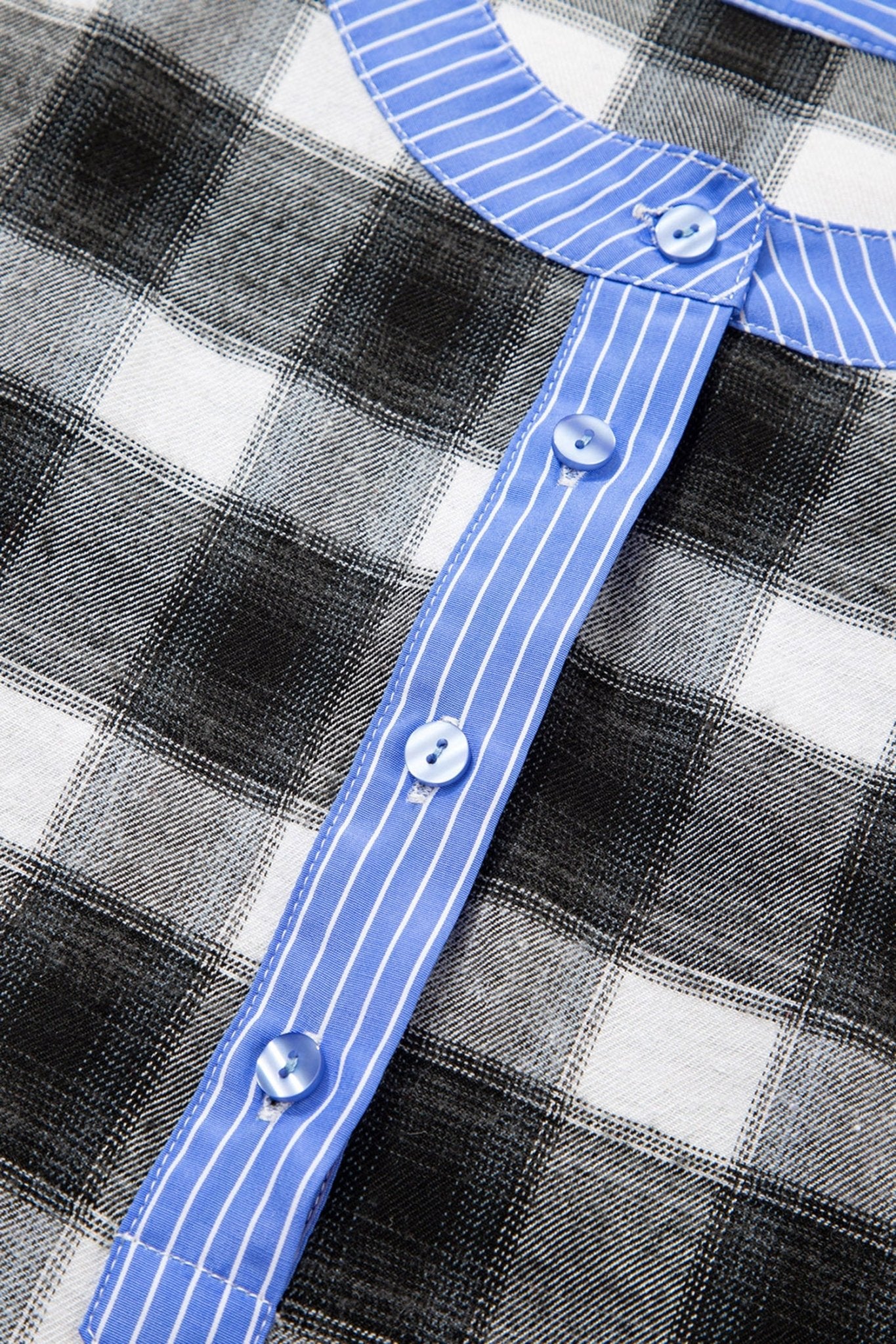Black Contrast Striped Edge Half Placket Plaid Blouse - Crowned Energy CO.