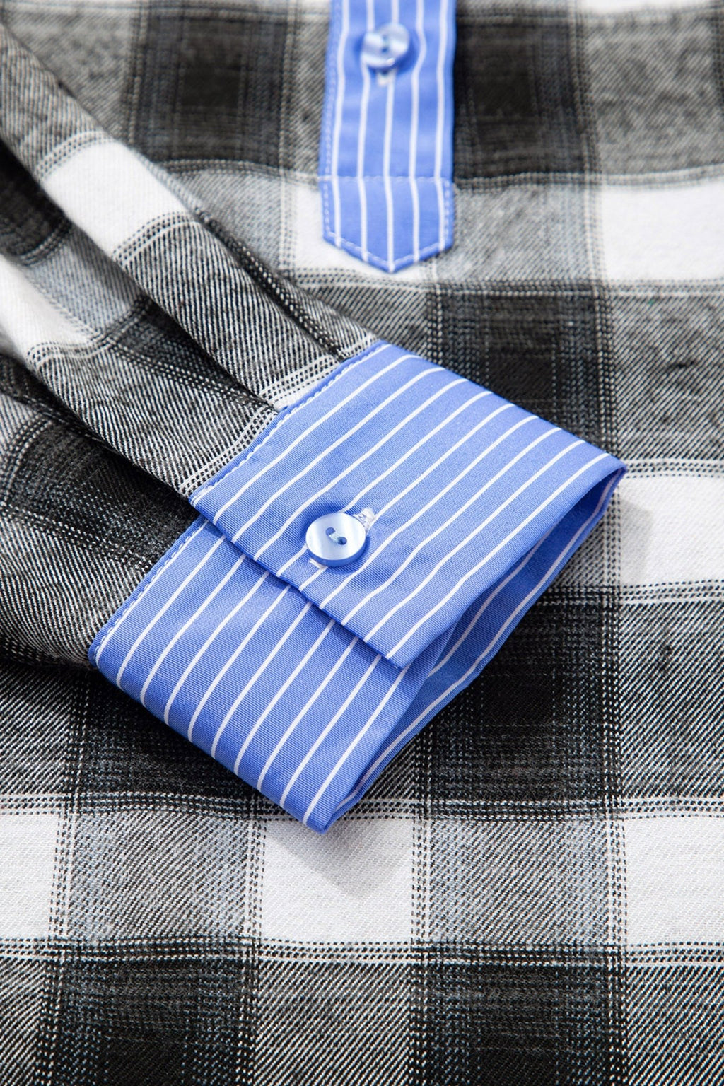 Black Contrast Striped Edge Half Placket Plaid Blouse - Crowned Energy CO.
