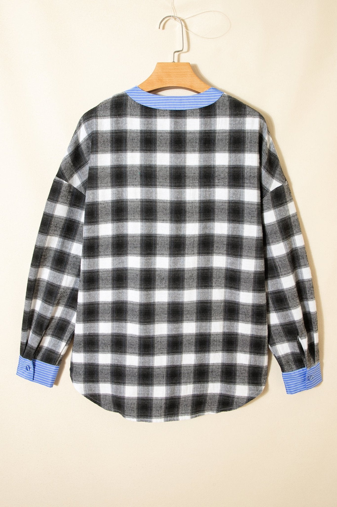 Black Contrast Striped Edge Half Placket Plaid Blouse - Crowned Energy CO.