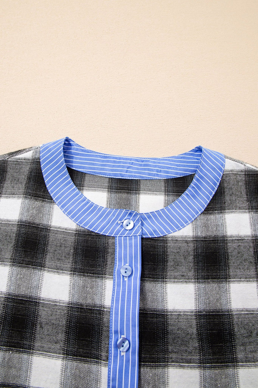 Black Contrast Striped Edge Half Placket Plaid Blouse - Crowned Energy CO.
