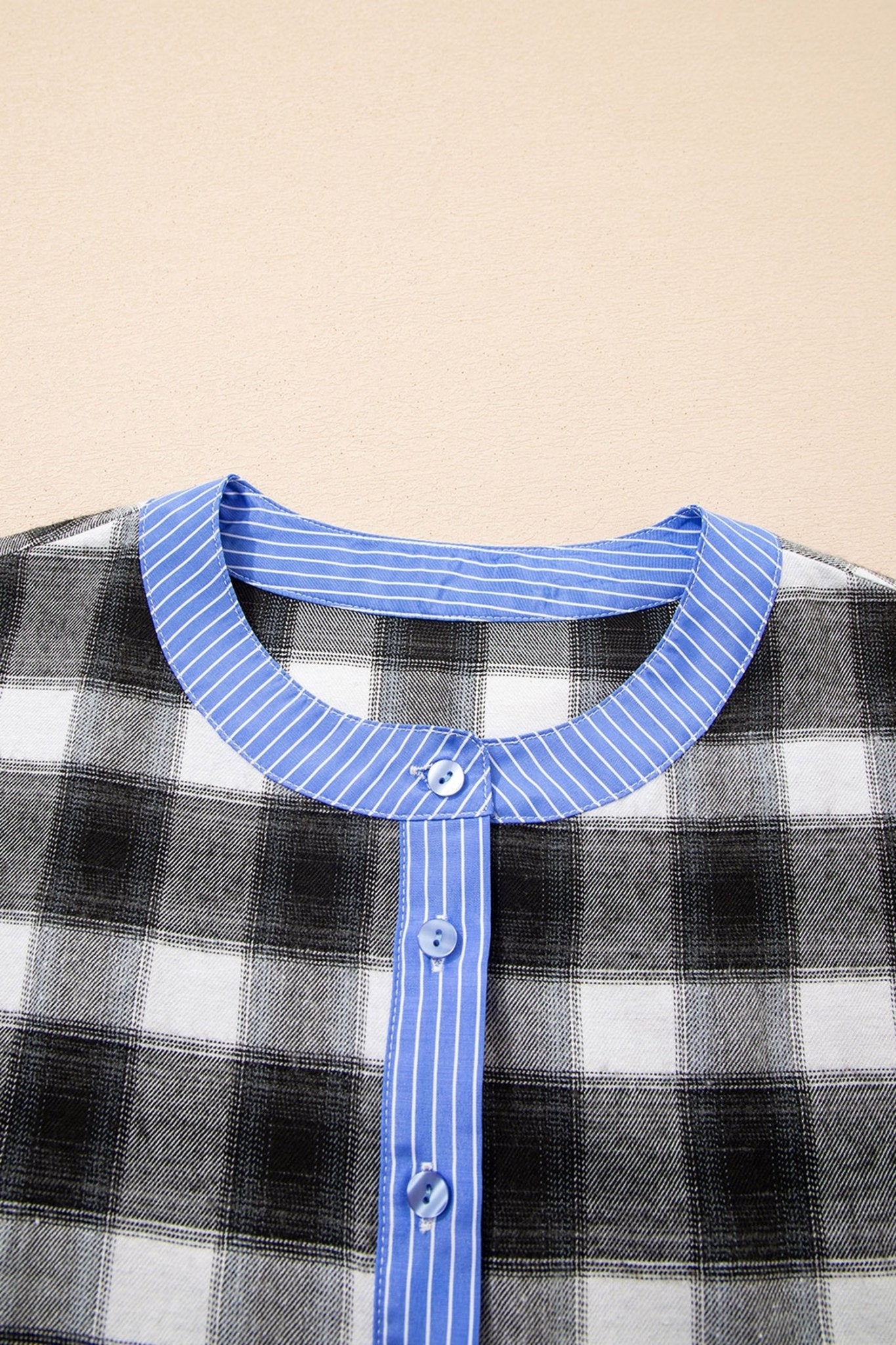 Black Contrast Striped Edge Half Placket Plaid Blouse - Crowned Energy CO.