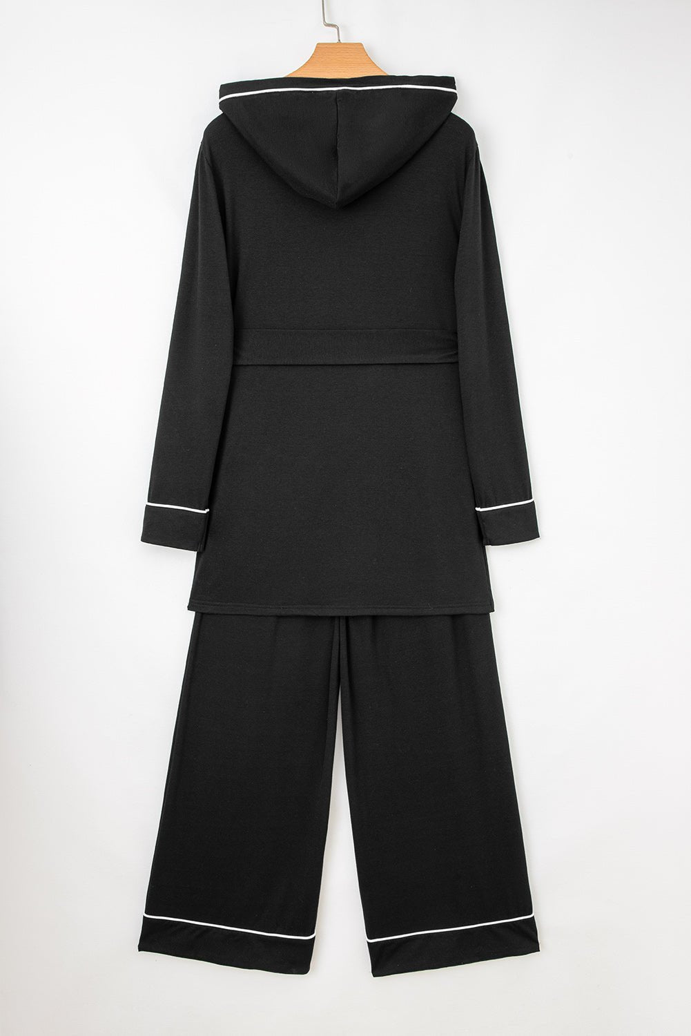 Black Contrast Trim Hooded Lounge Cardigan and Pants Set - Crowned Energy CO.