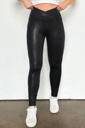 Black Crossed Dip Waist Sleek Leather Leggings - Crowned Energy CO.