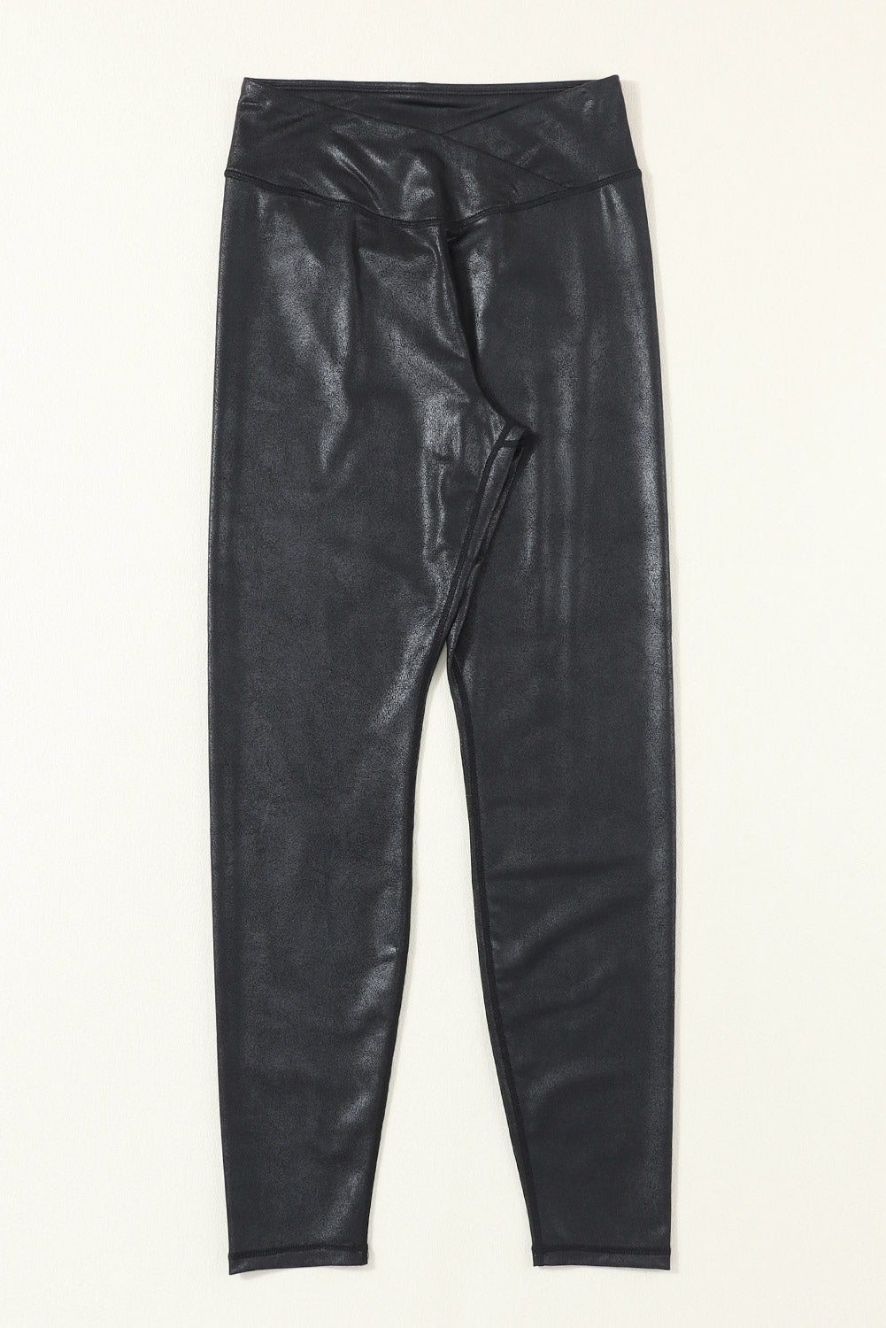Black Crossed Dip Waist Sleek Leather Leggings - Crowned Energy CO.