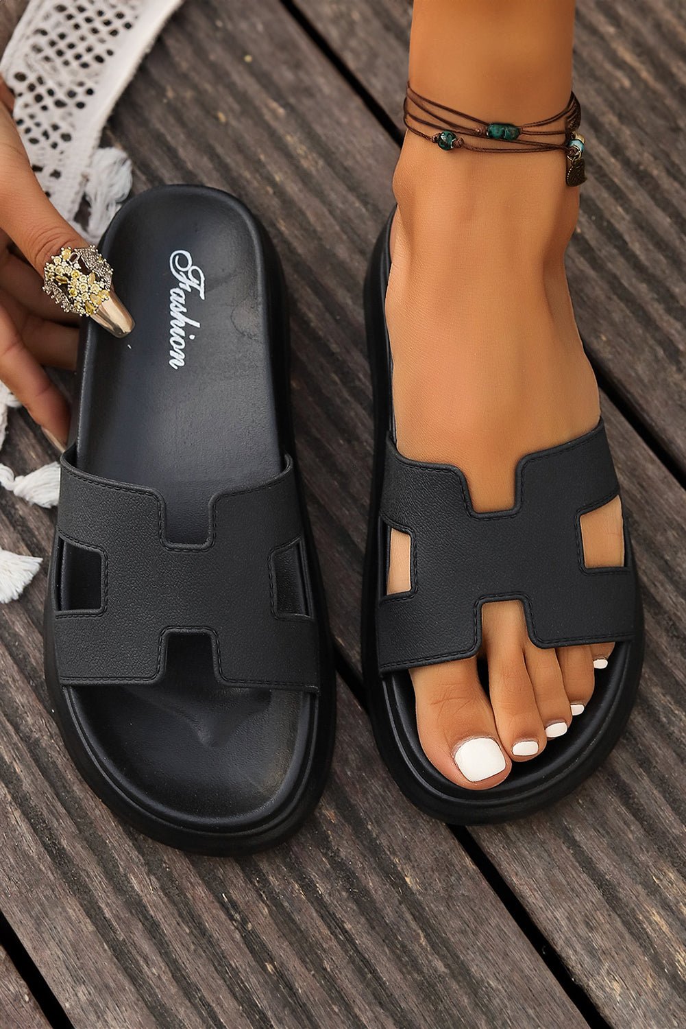 Black Cutout Design Open Toe Platform Slippers (Run Small, Size Up) - Crowned Energy CO.