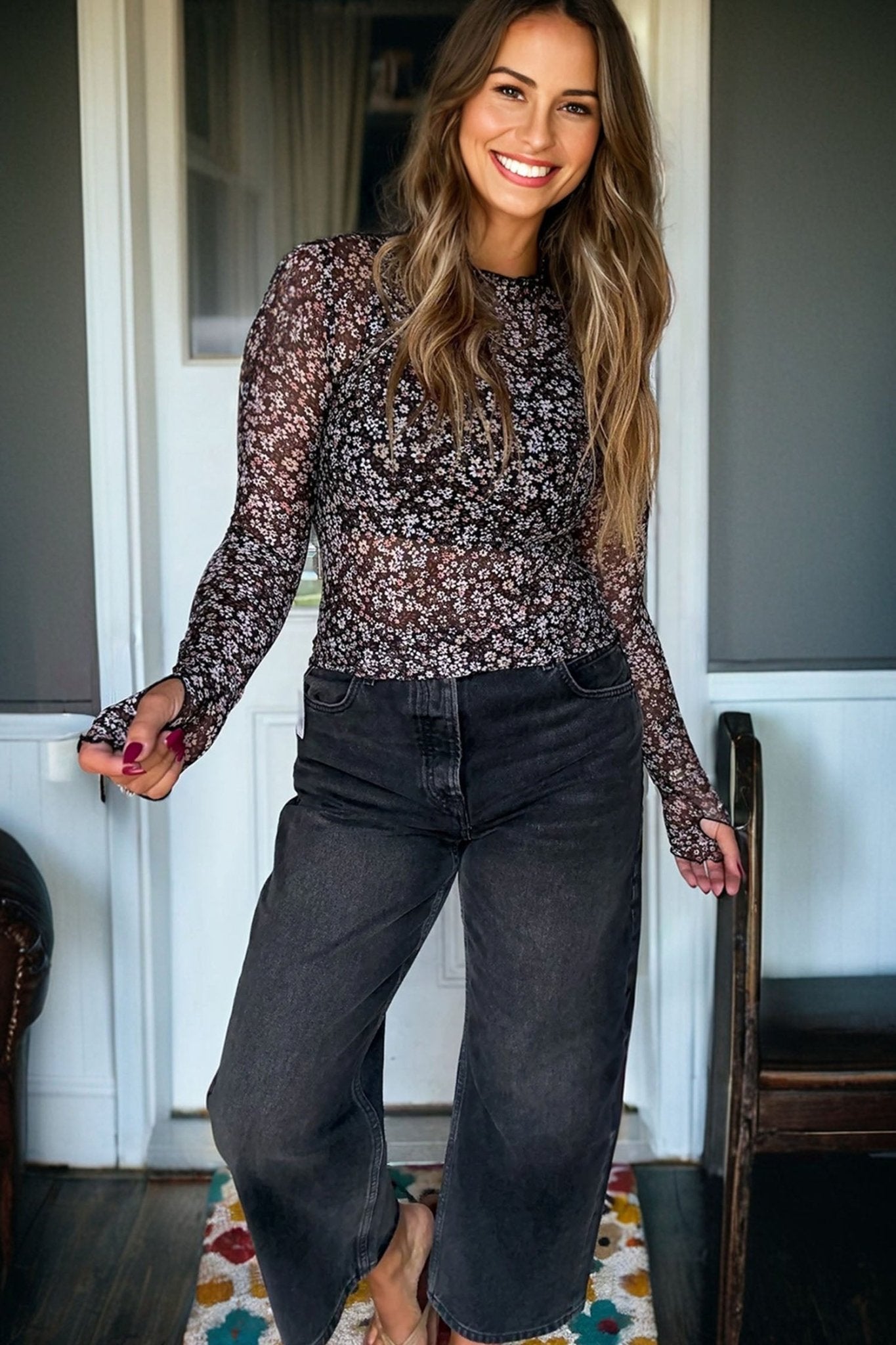 Black Ditsy Floral Mesh Thumbhole Sleeve Slim Fit Top - Crowned Energy CO.