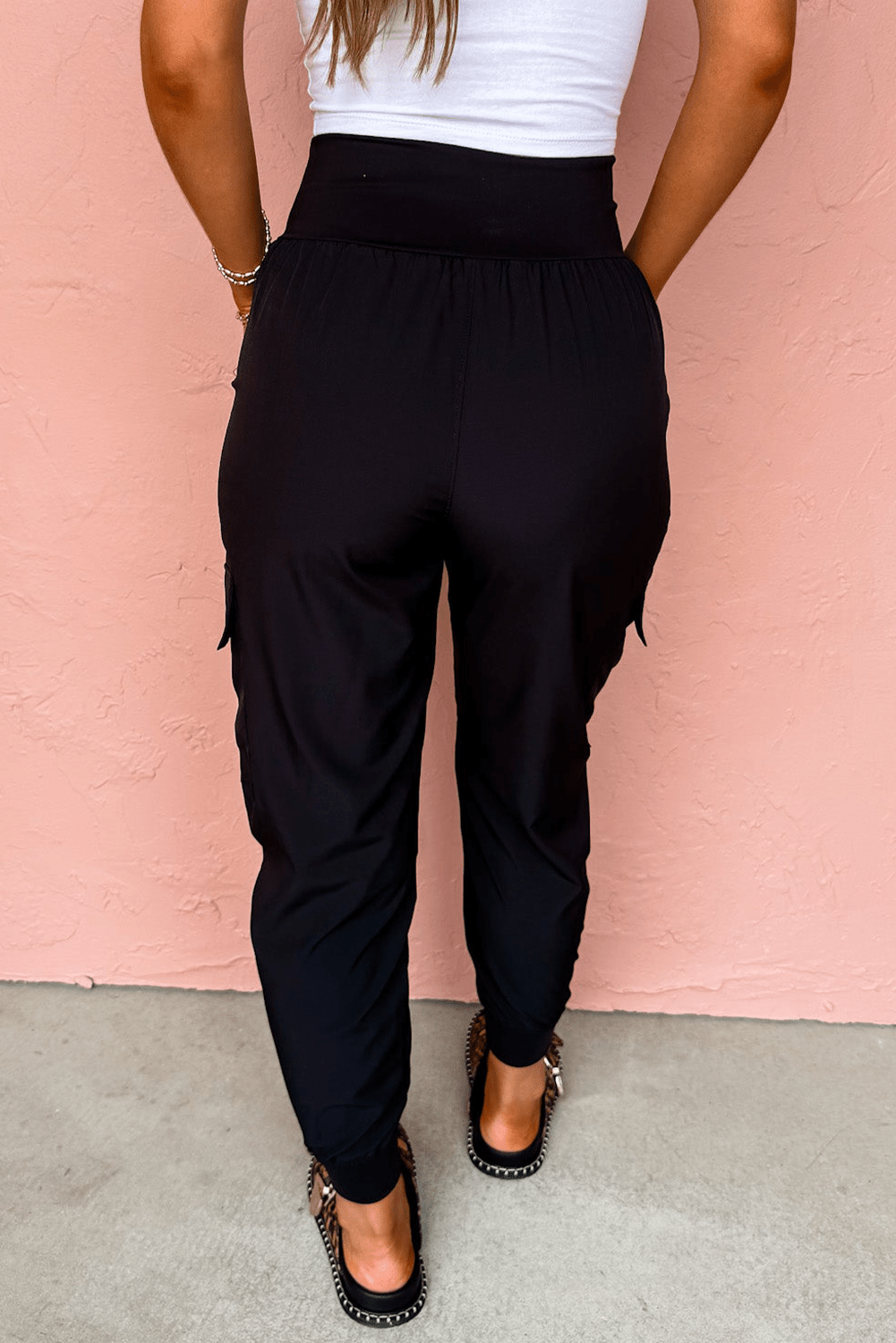Black Elastic High Waist Pocketed Cargo Jogger Pants - Crowned Energy CO.