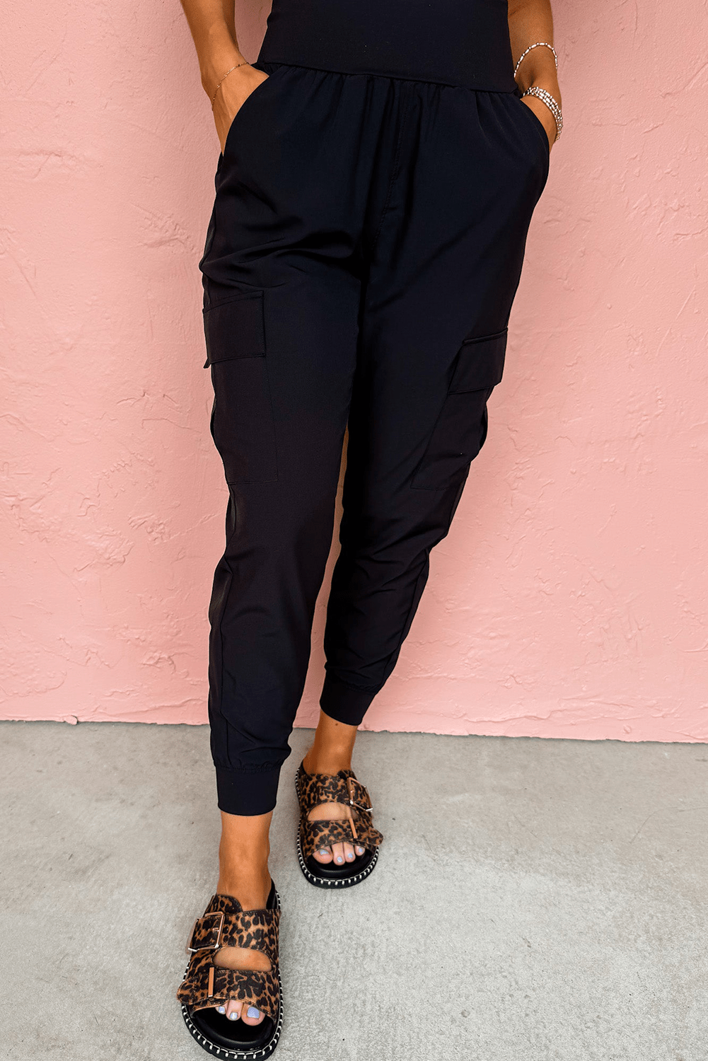 Black Elastic High Waist Pocketed Cargo Jogger Pants - Crowned Energy CO.