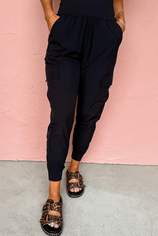 Black Elastic High Waist Pocketed Cargo Jogger Pants - Crowned Energy CO.
