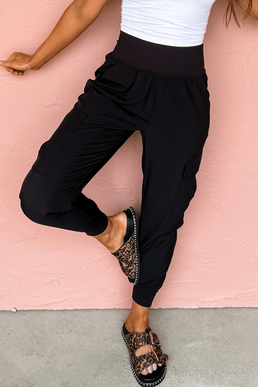 Black Elastic High Waist Pocketed Cargo Jogger Pants - Crowned Energy CO.