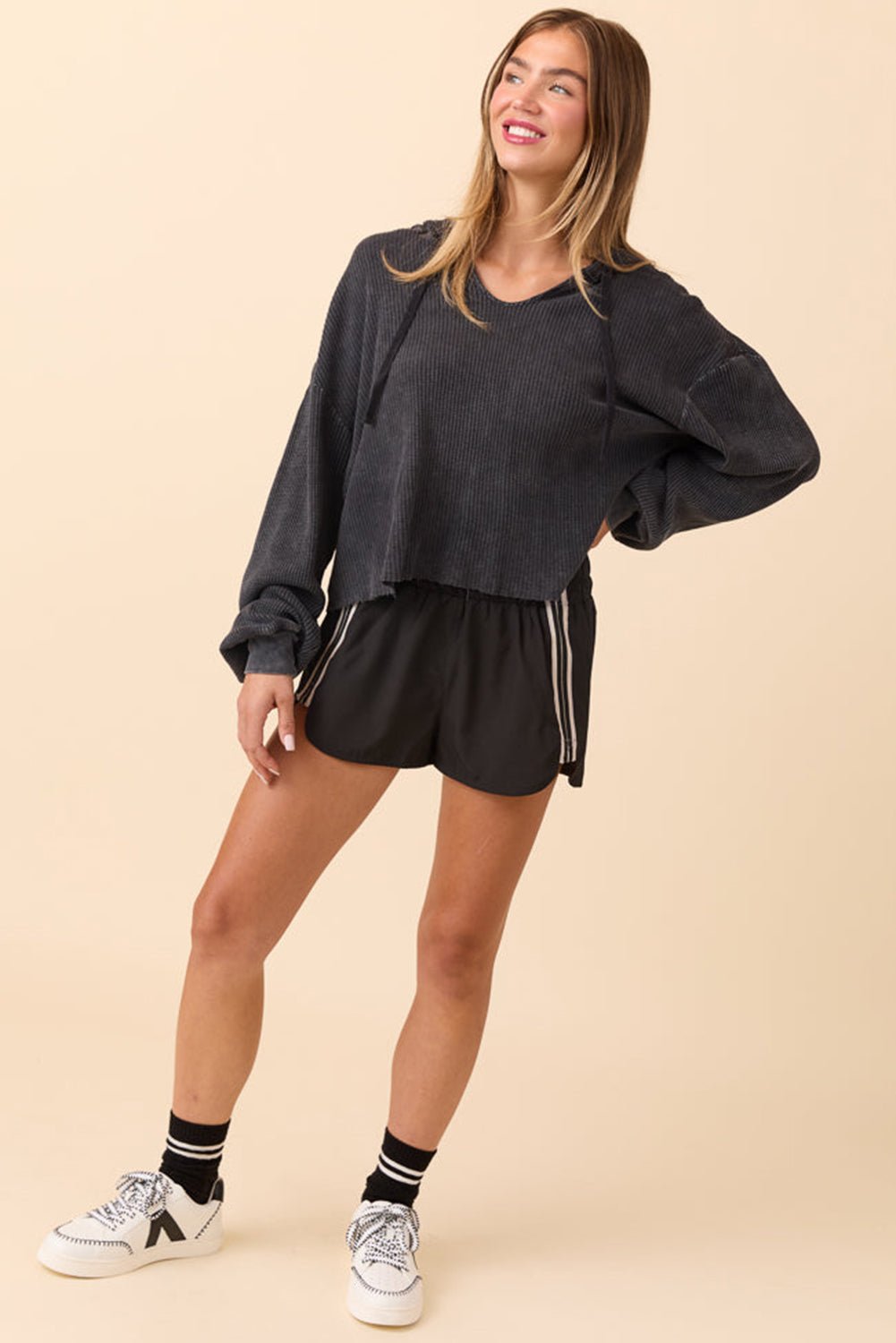 Black Elastic Waist Varsity Striped Detail Athleisure Shorts - Crowned Energy CO.