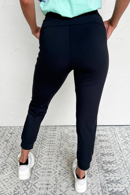 Black Exposed Seam Detail Skinny Drawstring Jogger Pants - Crowned Energy CO.