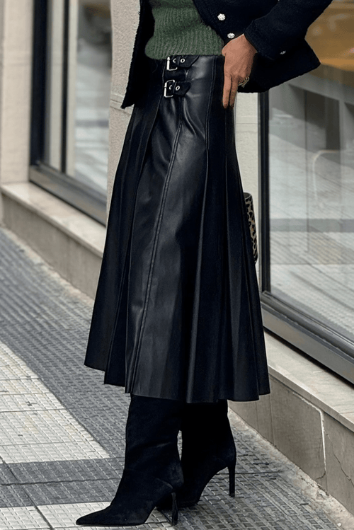Black Faux Leather Retro Buckle Detail Pleated Stitch Flared Midi Skirt - Crowned Energy CO.