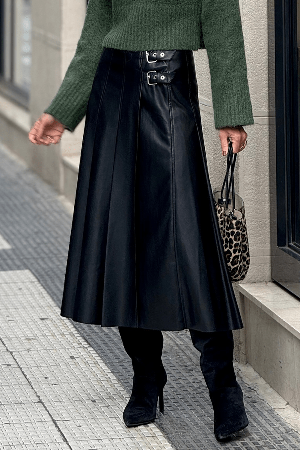 Black Faux Leather Retro Buckle Detail Pleated Stitch Flared Midi Skirt - Crowned Energy CO.