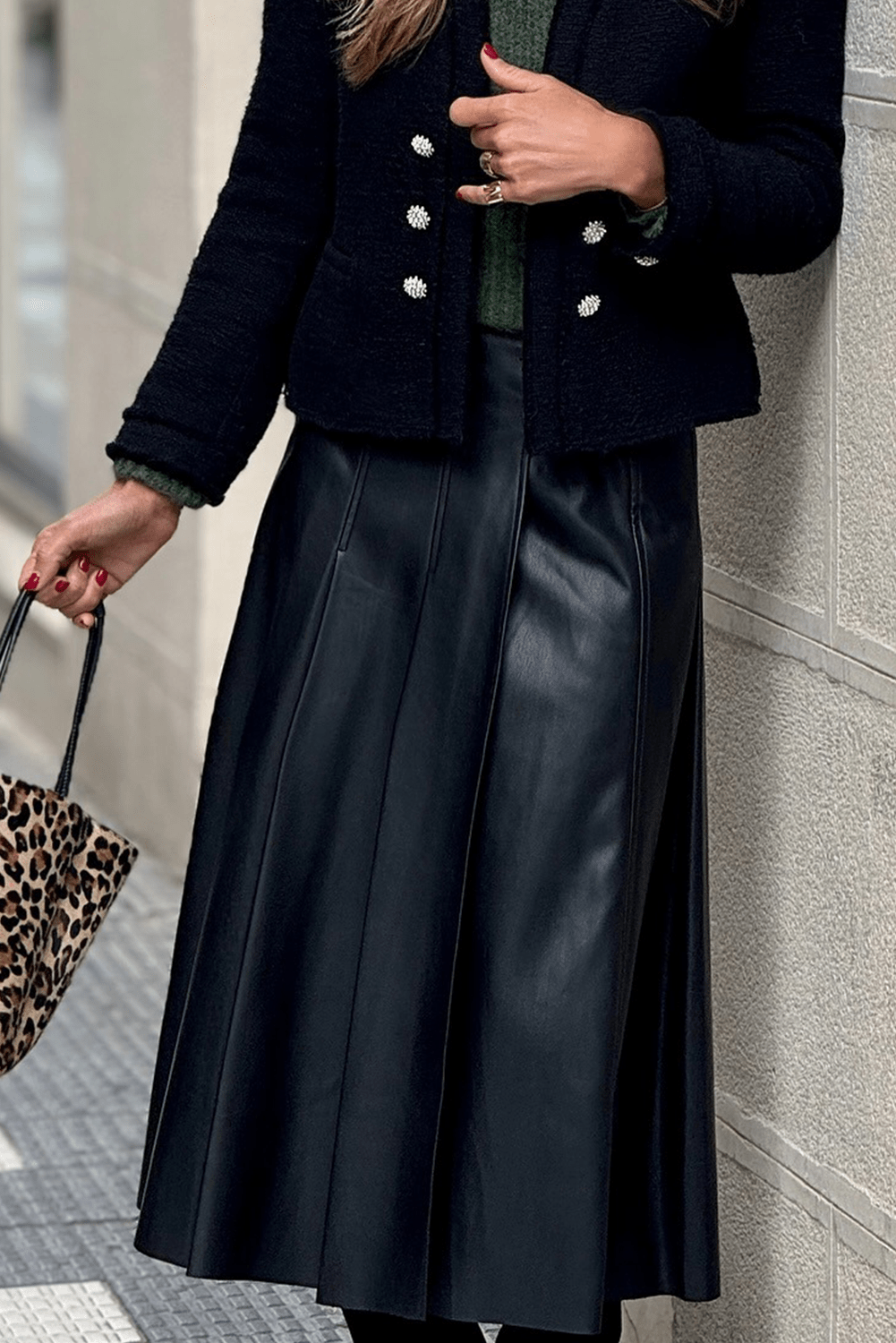 Black Faux Leather Retro Buckle Detail Pleated Stitch Flared Midi Skirt - Crowned Energy CO.