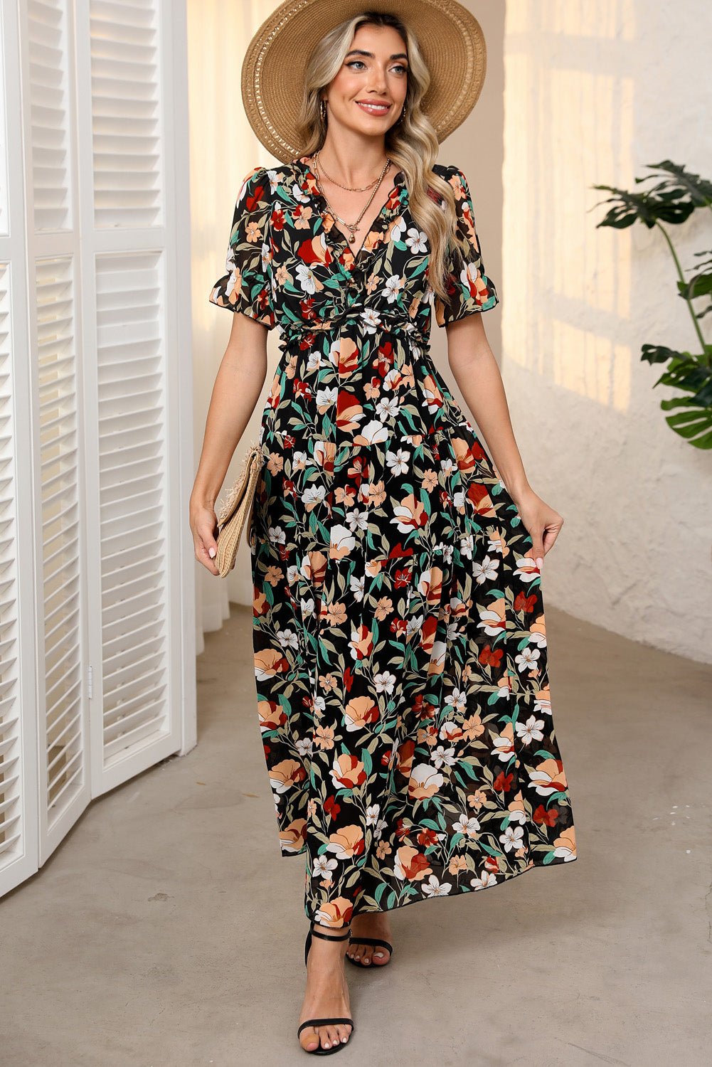 Black Fiery Floral Print Frilled V Neck Short Sleeve Maxi Dress - Crowned Energy CO.