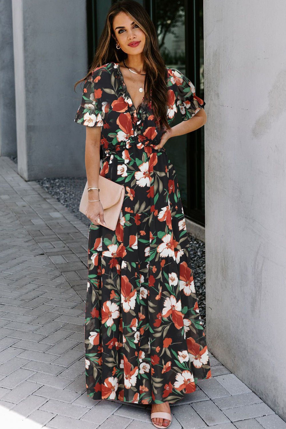 Black Fiery Floral Print Frilled V Neck Short Sleeve Maxi Dress - Crowned Energy CO.