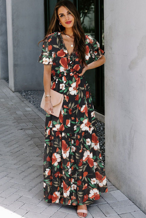 Black Fiery Floral Print Frilled V Neck Short Sleeve Maxi Dress - Crowned Energy CO.