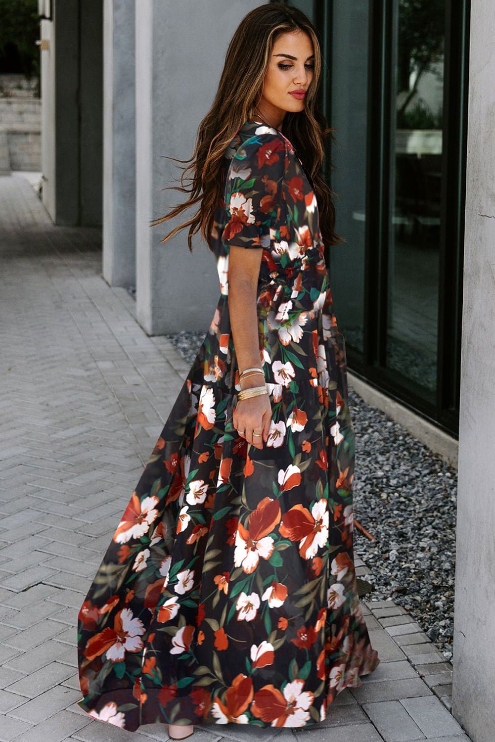 Black Fiery Floral Print Frilled V Neck Short Sleeve Maxi Dress - Crowned Energy CO.