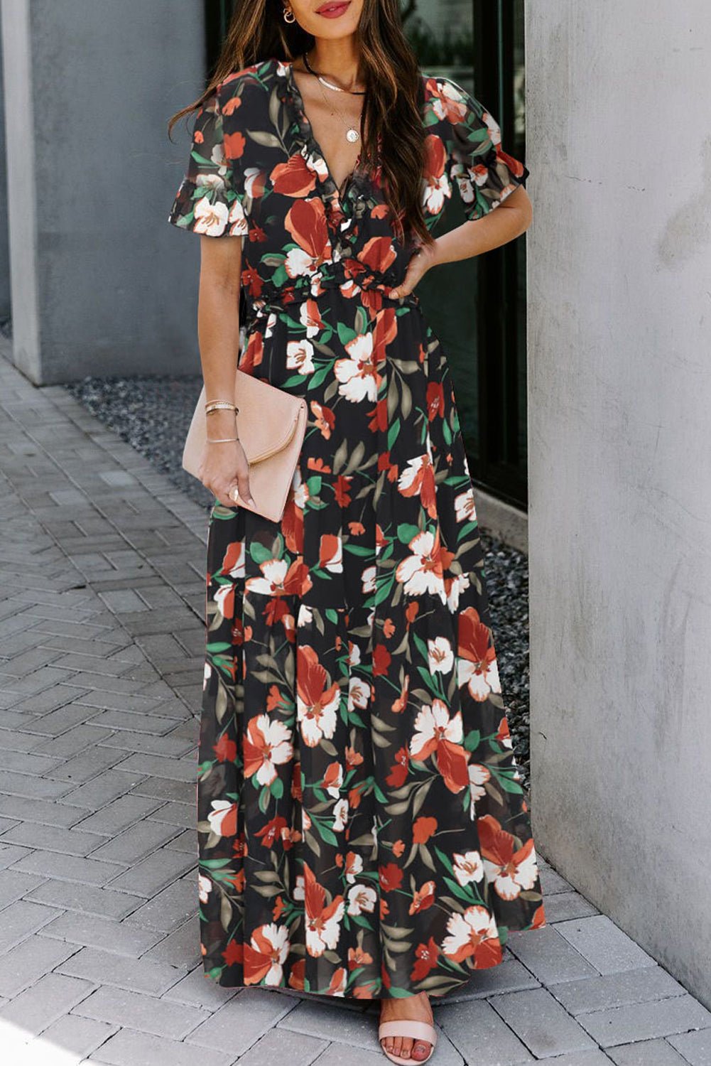 Black Fiery Floral Print Frilled V Neck Short Sleeve Maxi Dress - Crowned Energy CO.
