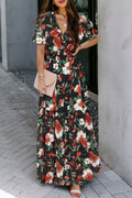 Black Fiery Floral Print Frilled V Neck Short Sleeve Maxi Dress - Crowned Energy CO.