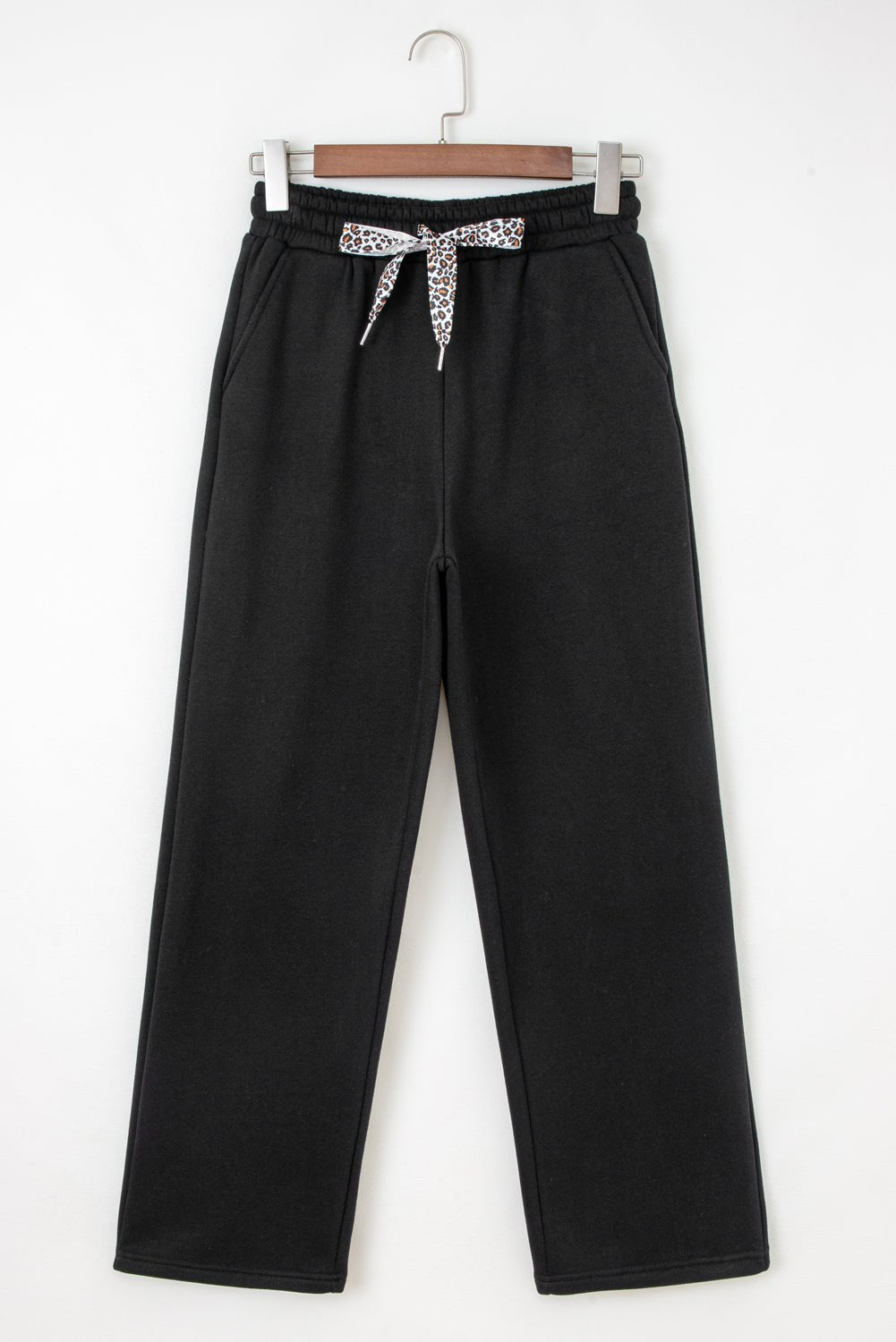 Black Fleece Lined Leopard Drawstring Elastic Waist Solid Pants - Crowned Energy CO.
