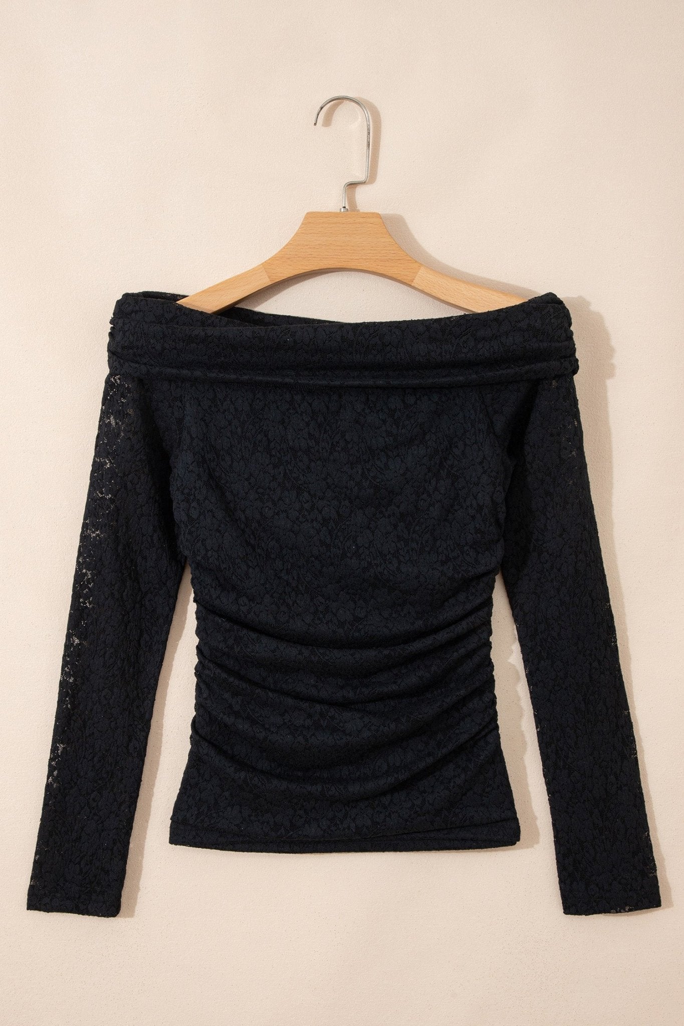 Black Floral Lace Off - shoulder Long Sleeve Slim Top - Crowned Energy CO.