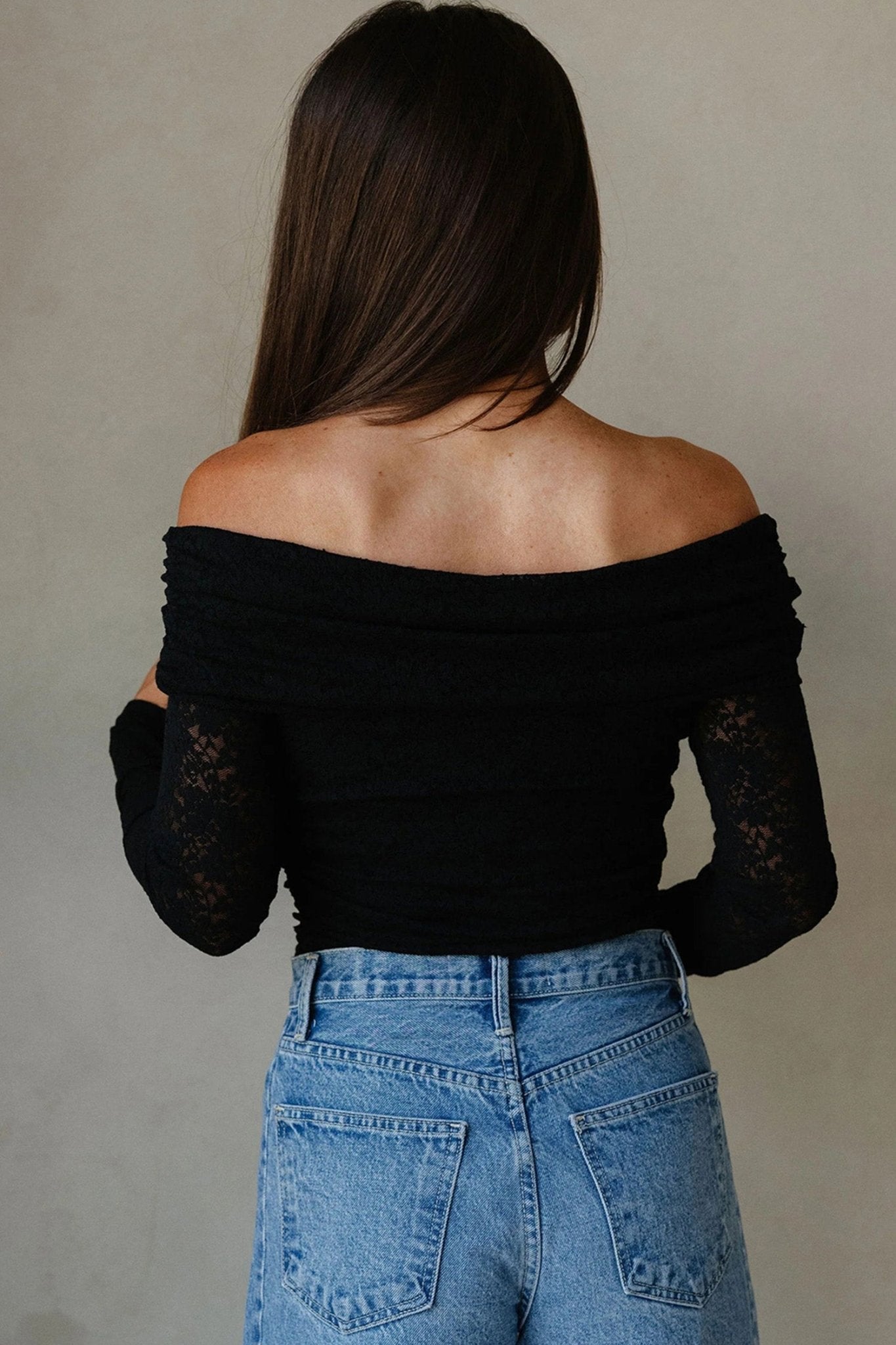 Black Floral Lace Off - shoulder Long Sleeve Slim Top - Crowned Energy CO.